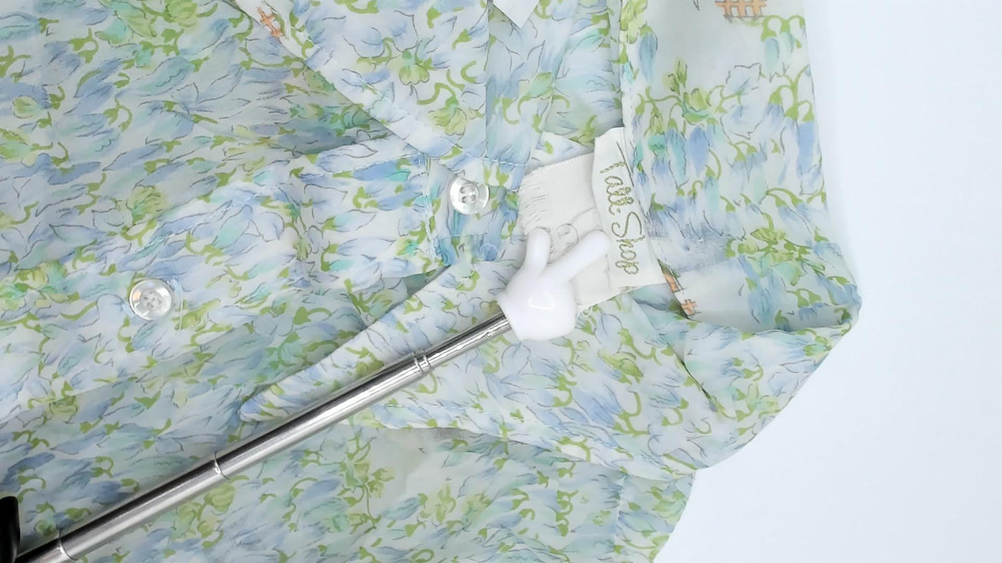 70s Tall Shop Cropped Sheer Blouse Pastoral Landscape Print Green Blue Small Medium