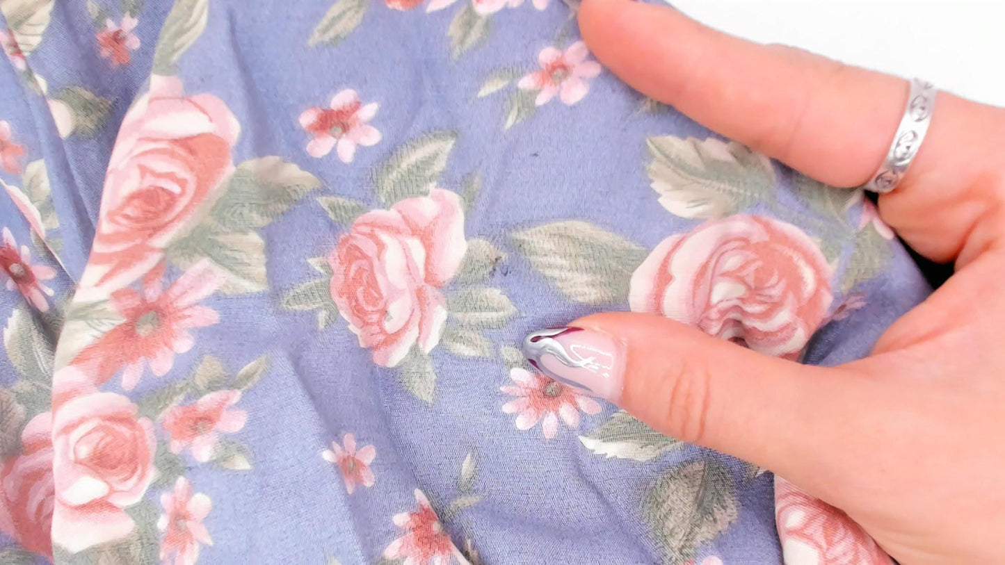 90s Ms. Basia California Floral Dress Dusty Blue Rose Print Flutter Sleeve Large L