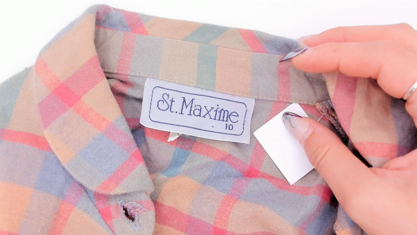 80s St. Maxime Plaid Shirtdress Peter Pan Collar Pastel Pink Blue Tan Medium