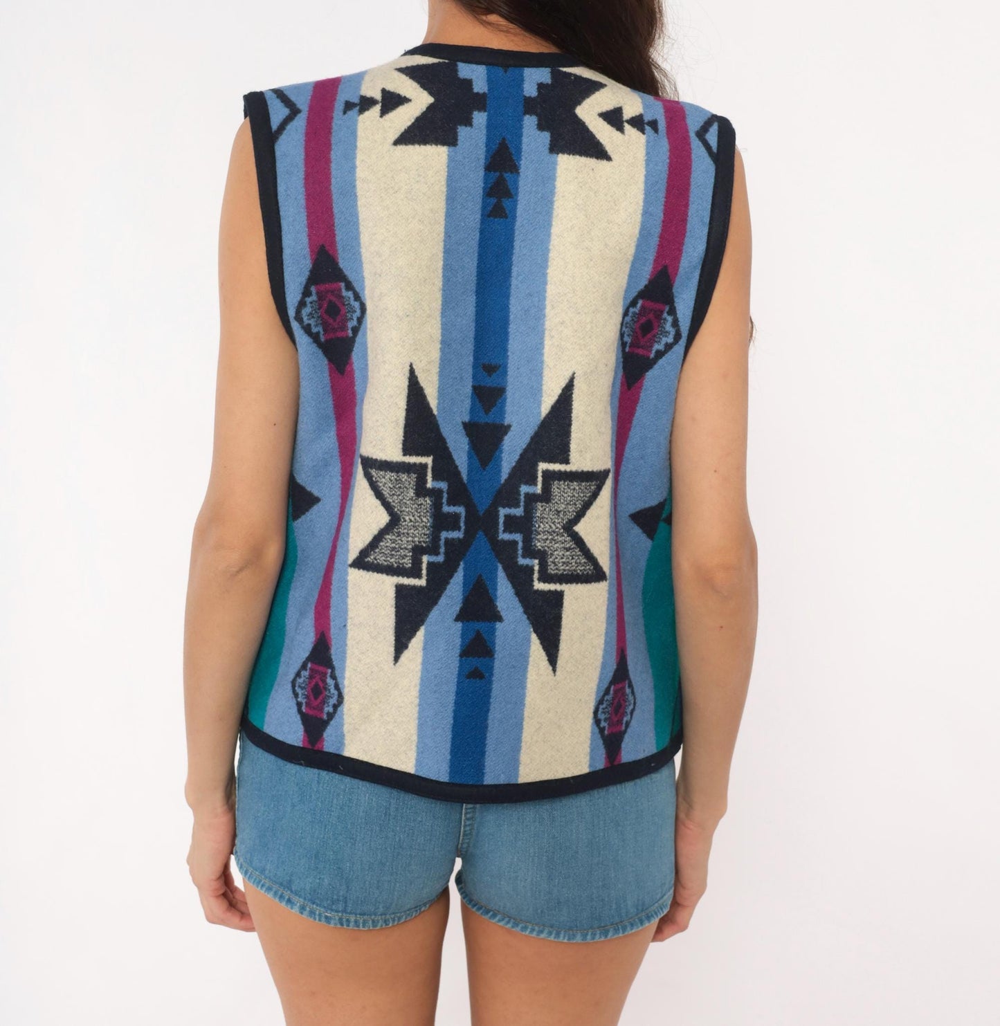 90s Southwestern Wool Vest Navy Geometric Aztec Concho Buttons Large L