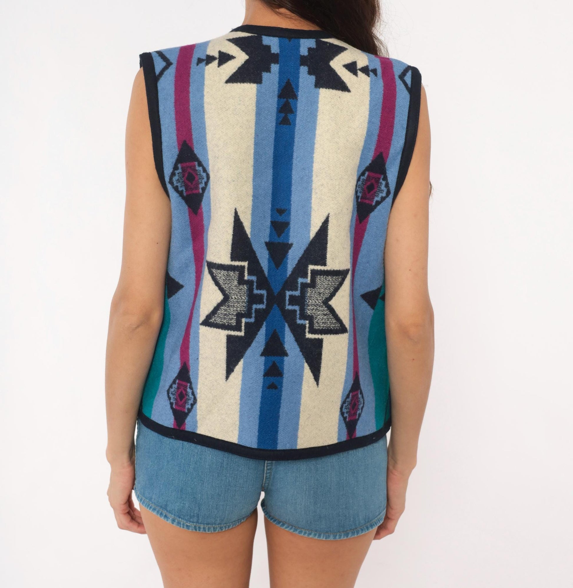 90s Southwestern Wool Vest Navy Geometric Aztec Concho Buttons Large L