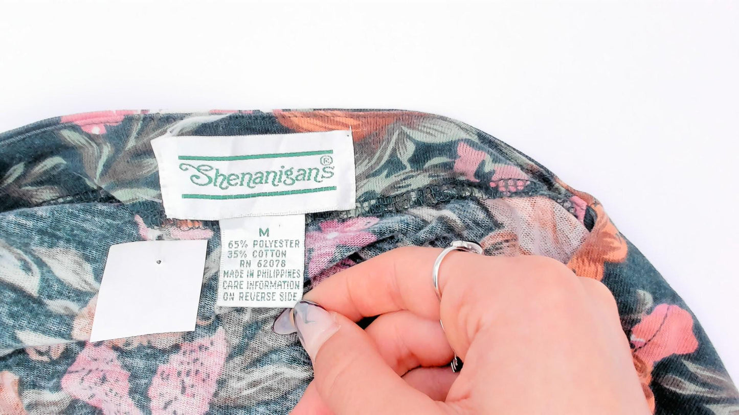 90s Shenanigans Floral Romper Green Pink Rose Drawstring Waist Medium M