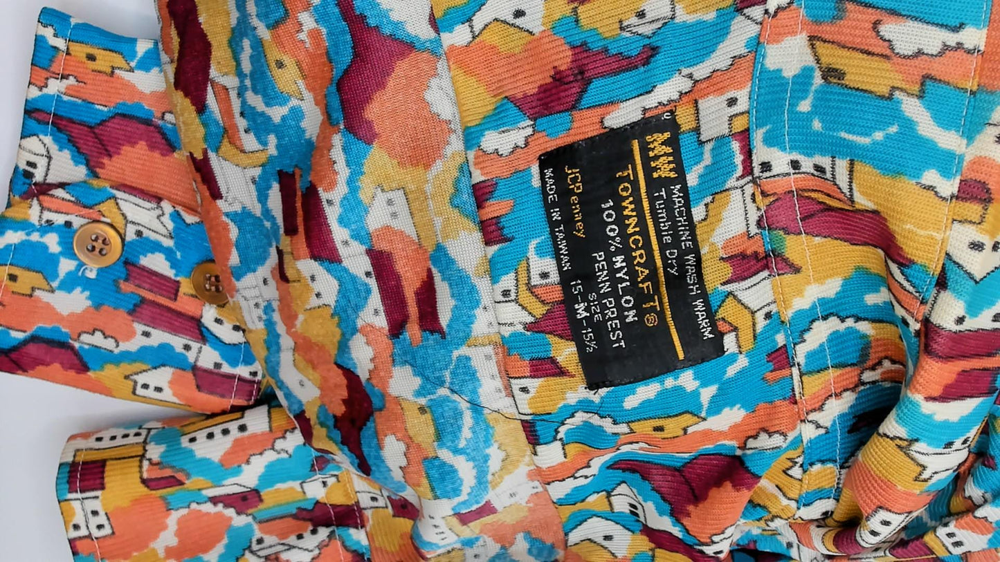 70s Towncraft Village Landscape Shirt Pointed Collar Scenic Print Medium