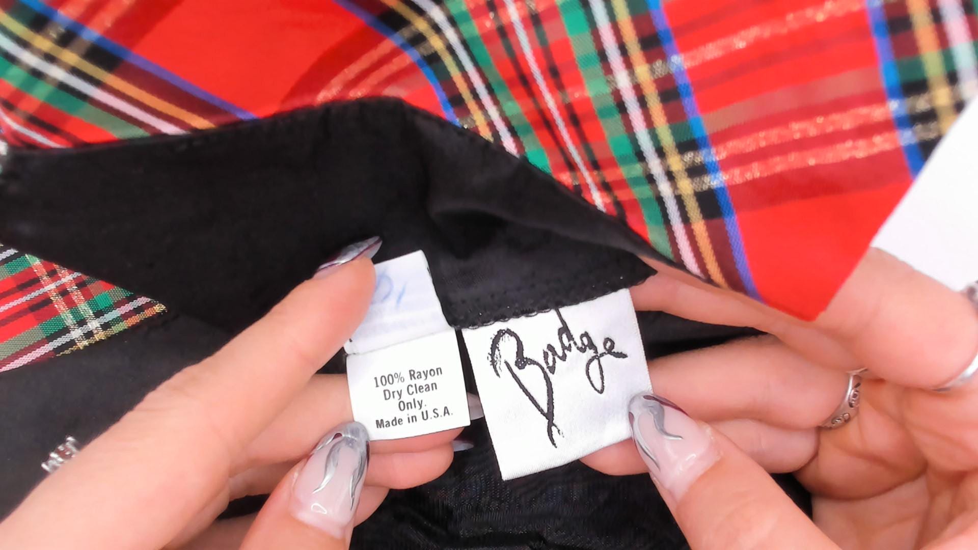 90s Badge Black Crushed Velvet Mini Dress Red Tartan Ruffle Off-Shoulder Extra Small XS