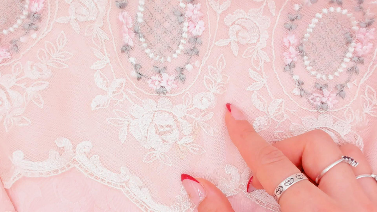 80s Nilani Blush Pink Maxi Dress Lace Cape Collar Floral Jacquard Small