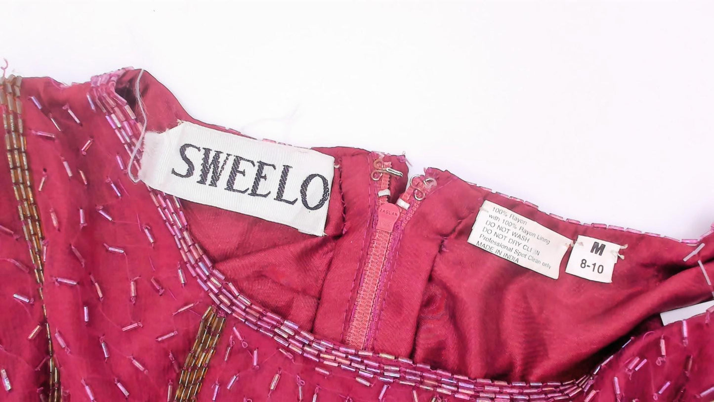 80s Sweelo Burgundy Beaded Dress Gold Bugle Bead Stripes Knee-Length Medium
