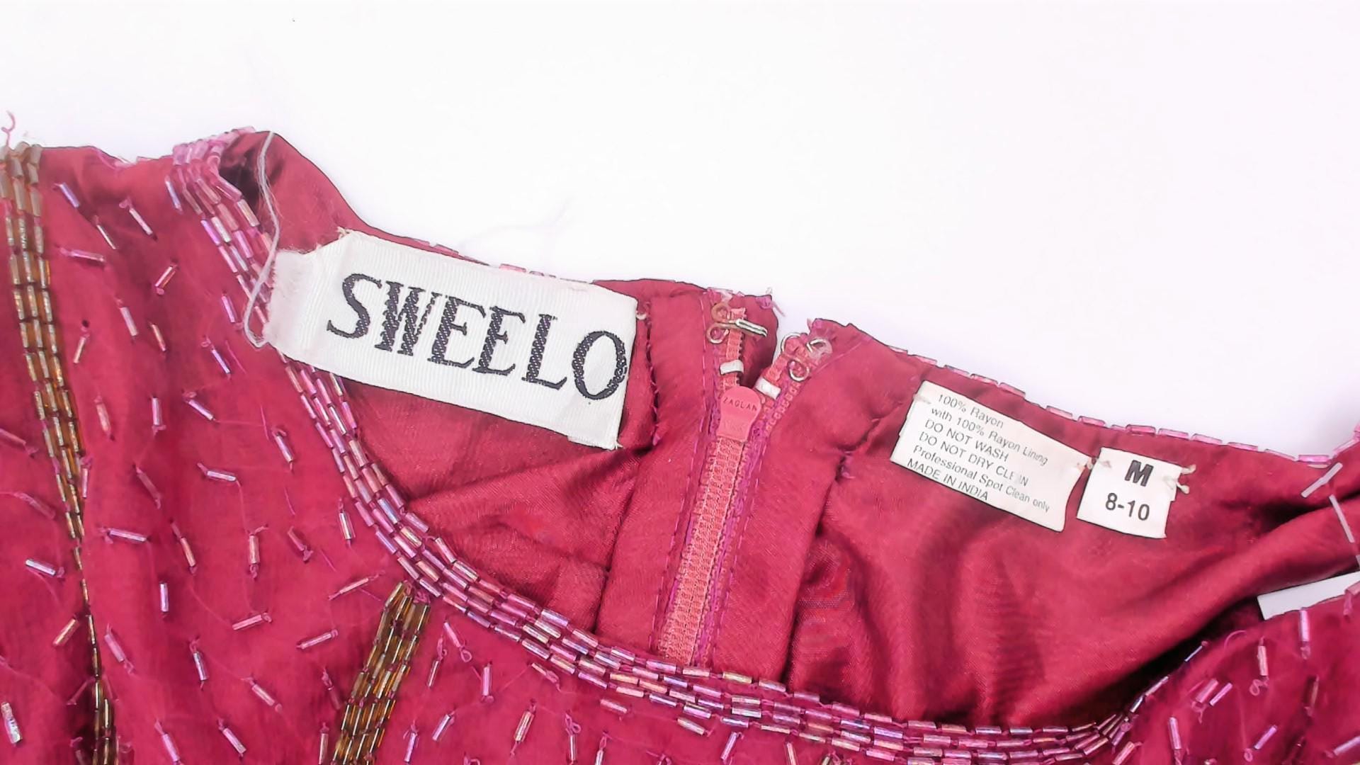 80s Sweelo Burgundy Beaded Dress Gold Bugle Bead Stripes Knee-Length Medium