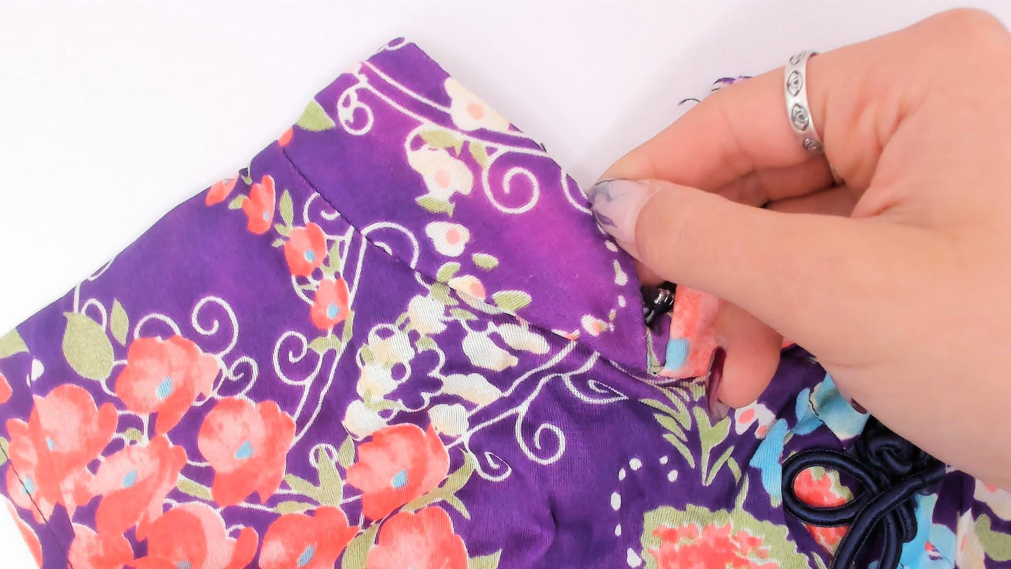 70s Purple Floral Cheongsam Mini Dress Mandarin Collar Frog Closure XS
