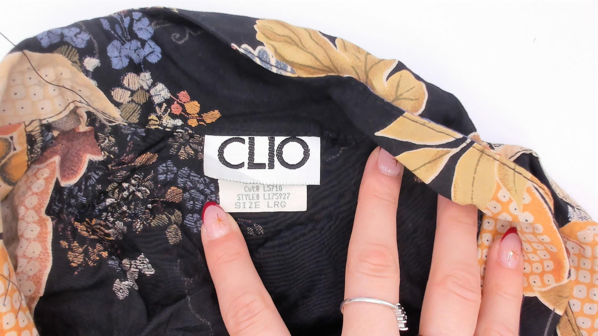 90s Clio Japanese Fan Floral Camp Collar Blouse Black Gold Rayon Large L