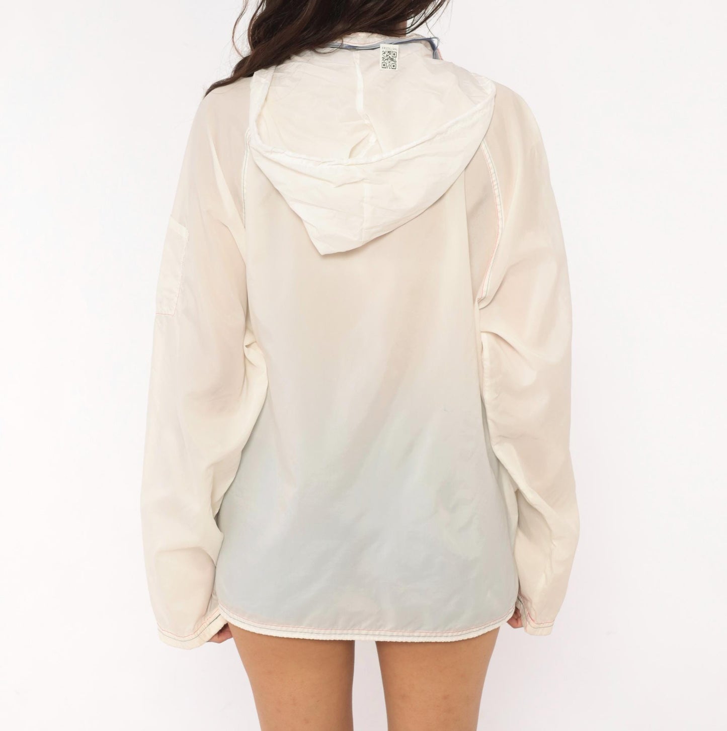 80s White Nylon Windbreaker Hooded Zip Jacket Colour Block Medium