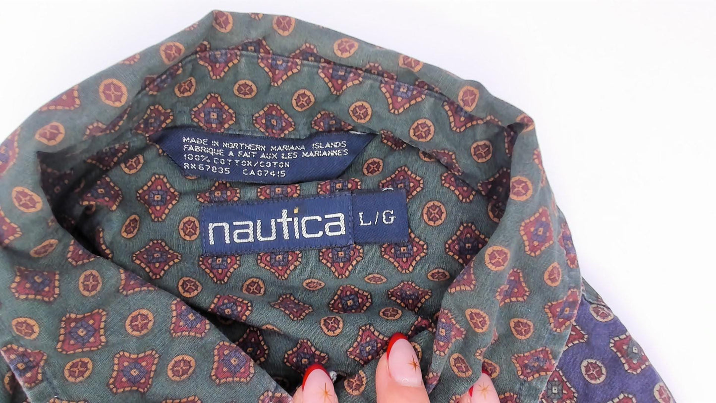 90s Nautica Patchwork Button Shirt Medallion Print Olive Navy Large L