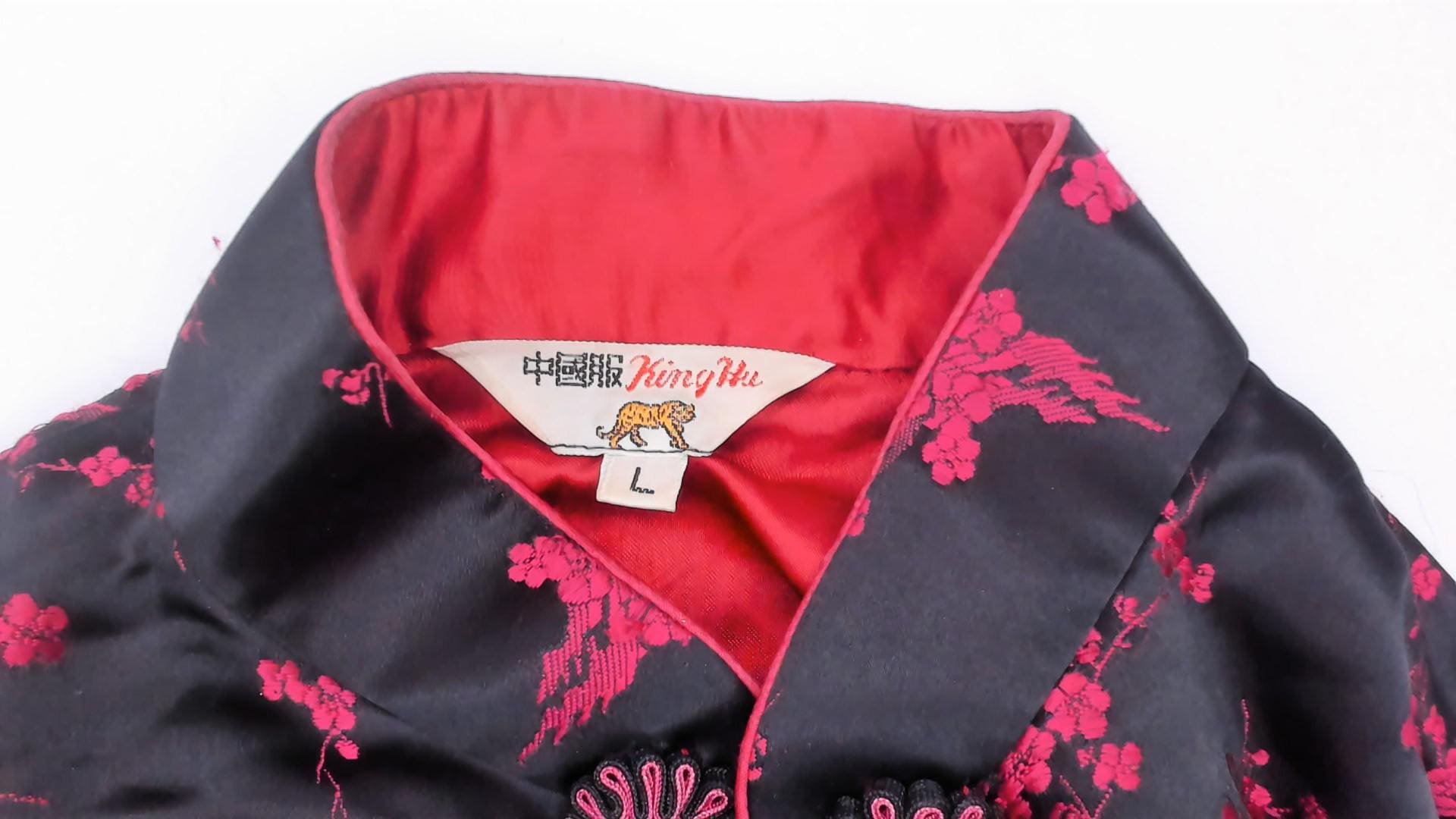 90s King Hu Black Brocade Jacket Cherry Blossom Mandarin Collar Large L