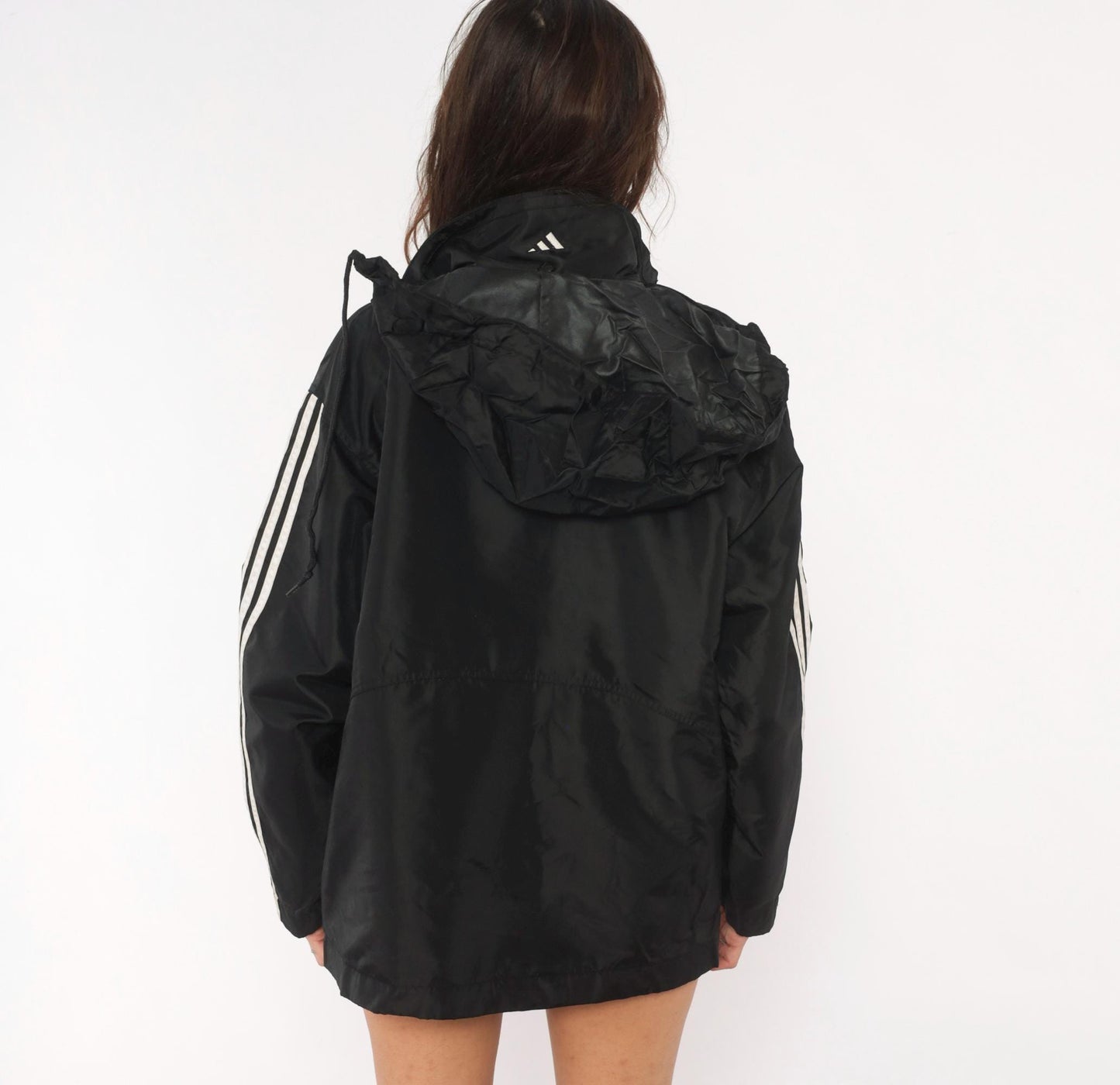90s Adidas Windbreaker Black Olive Three Stripe Hooded Nylon Jacket Medium M