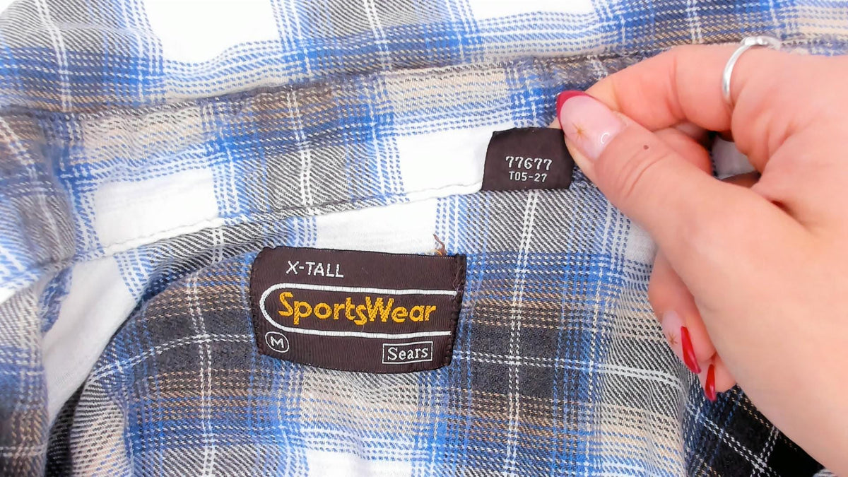 80s Sears Sportswear Plaid Flannel Shirt Blue White Cotton Button-Up Medium