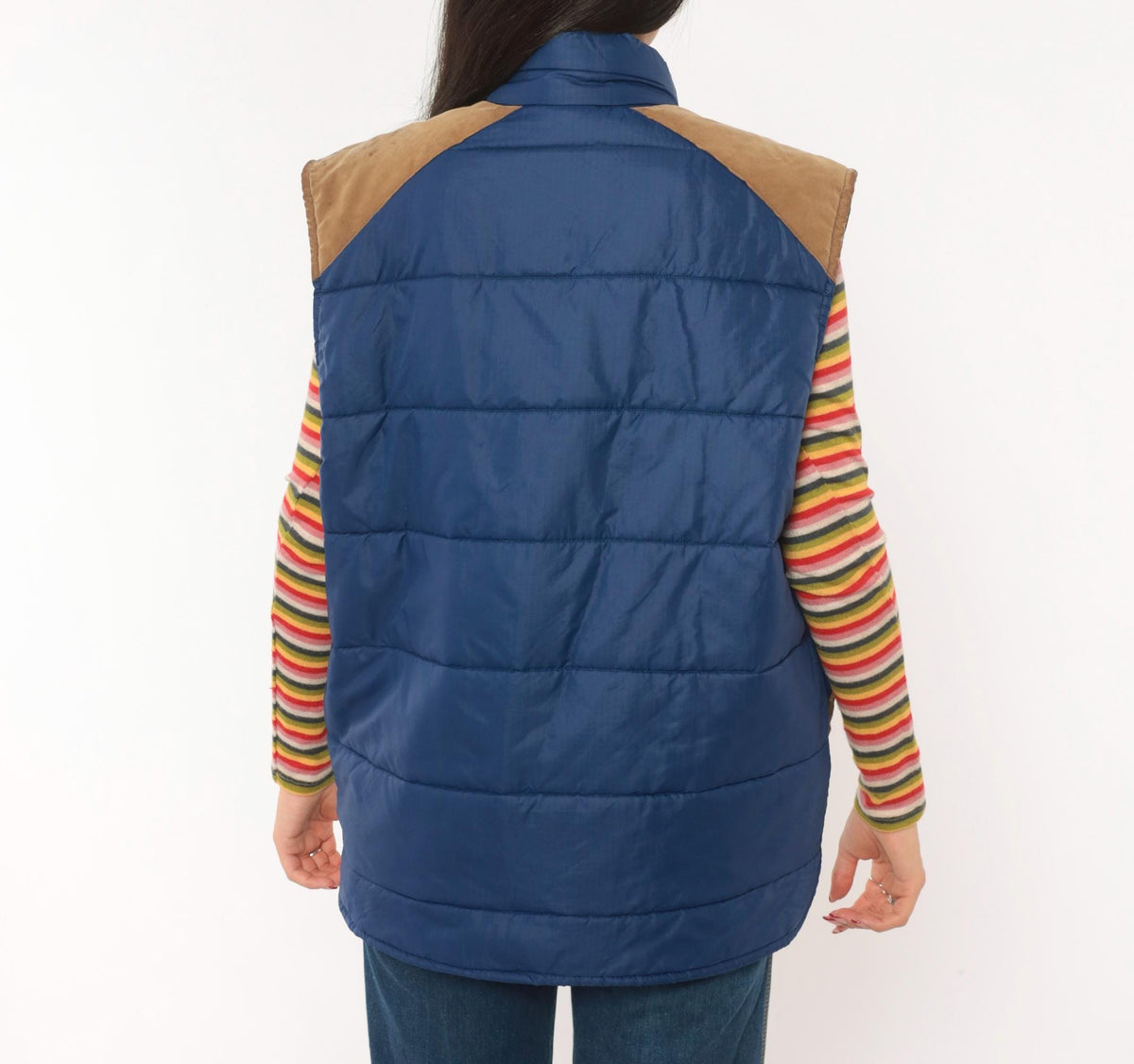 80s Navy Puffer Vest Quilted Suede Trim Snap Front Stand Collar Medium M