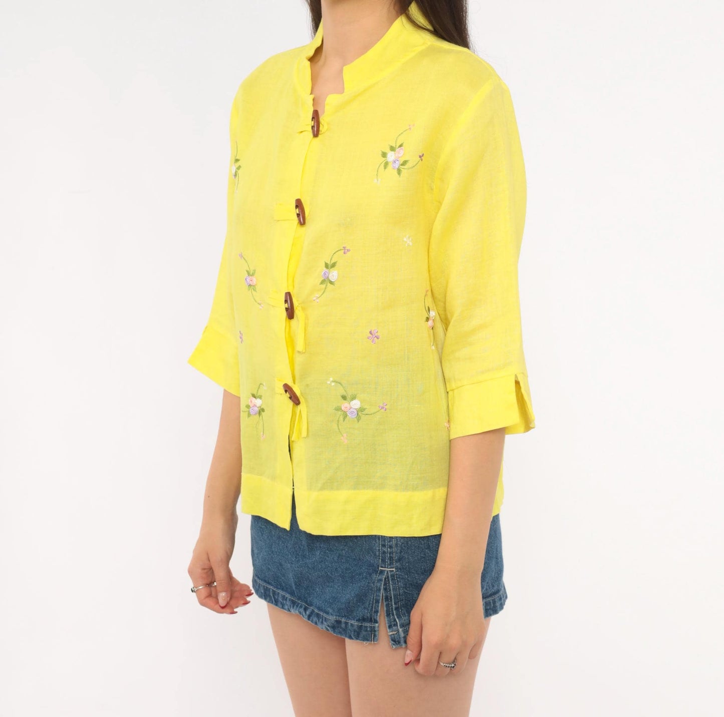 80s Yellow Embroidered Floral Mandarin Collar Blouse Cotton Three Quarter Sleeve Medium