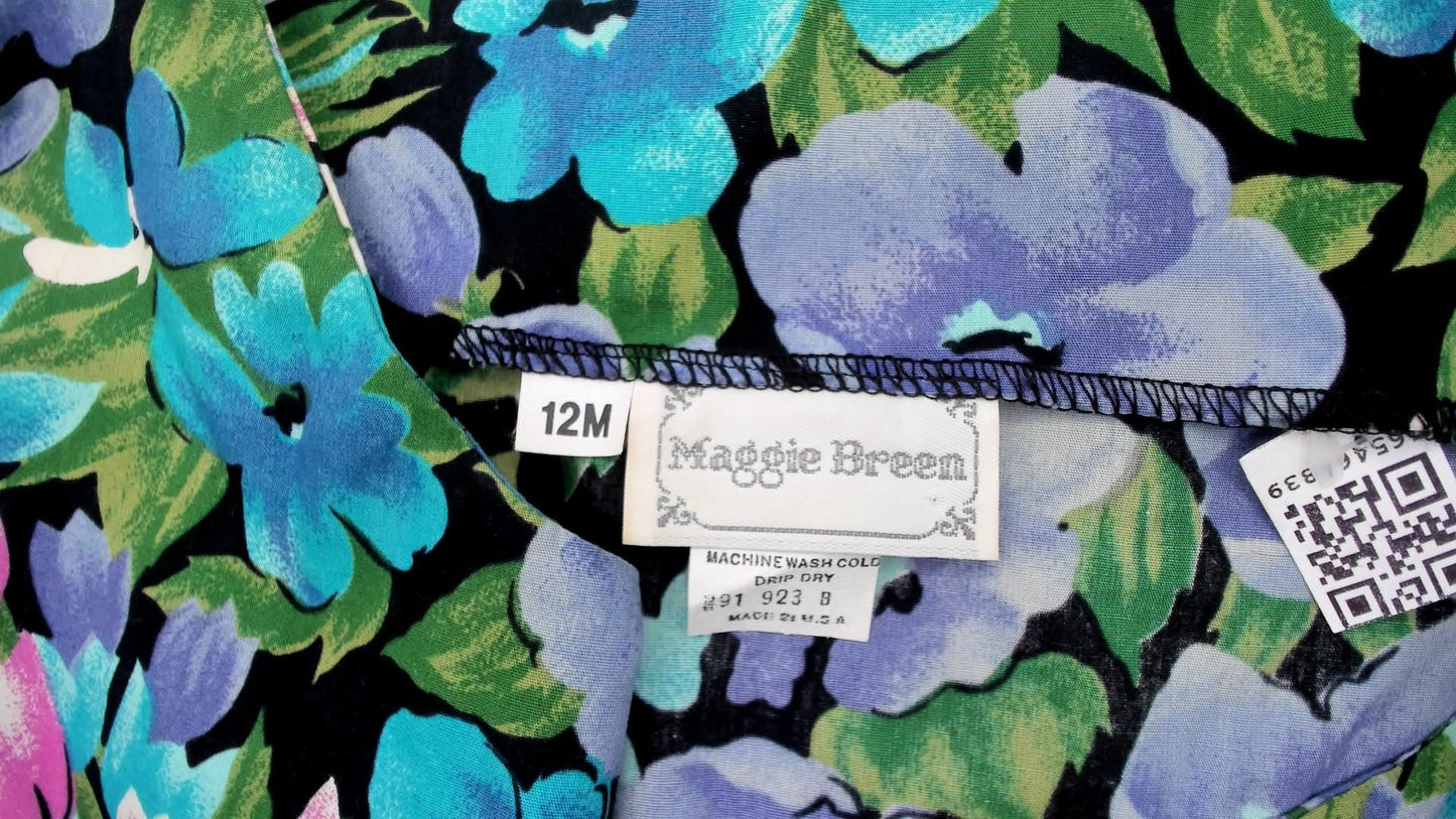 90s Maggie Breen Floral Jumpsuit Sleeveless Cotton Wide Leg Black Garden Print Medium