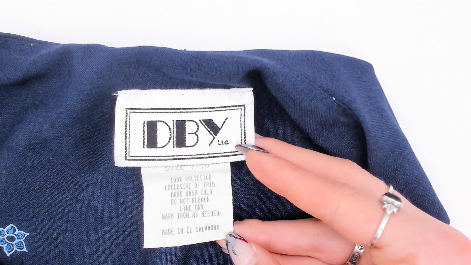 90s DBY Navy Shift Dress Embroidered Floral Border Sleeveless Medium M