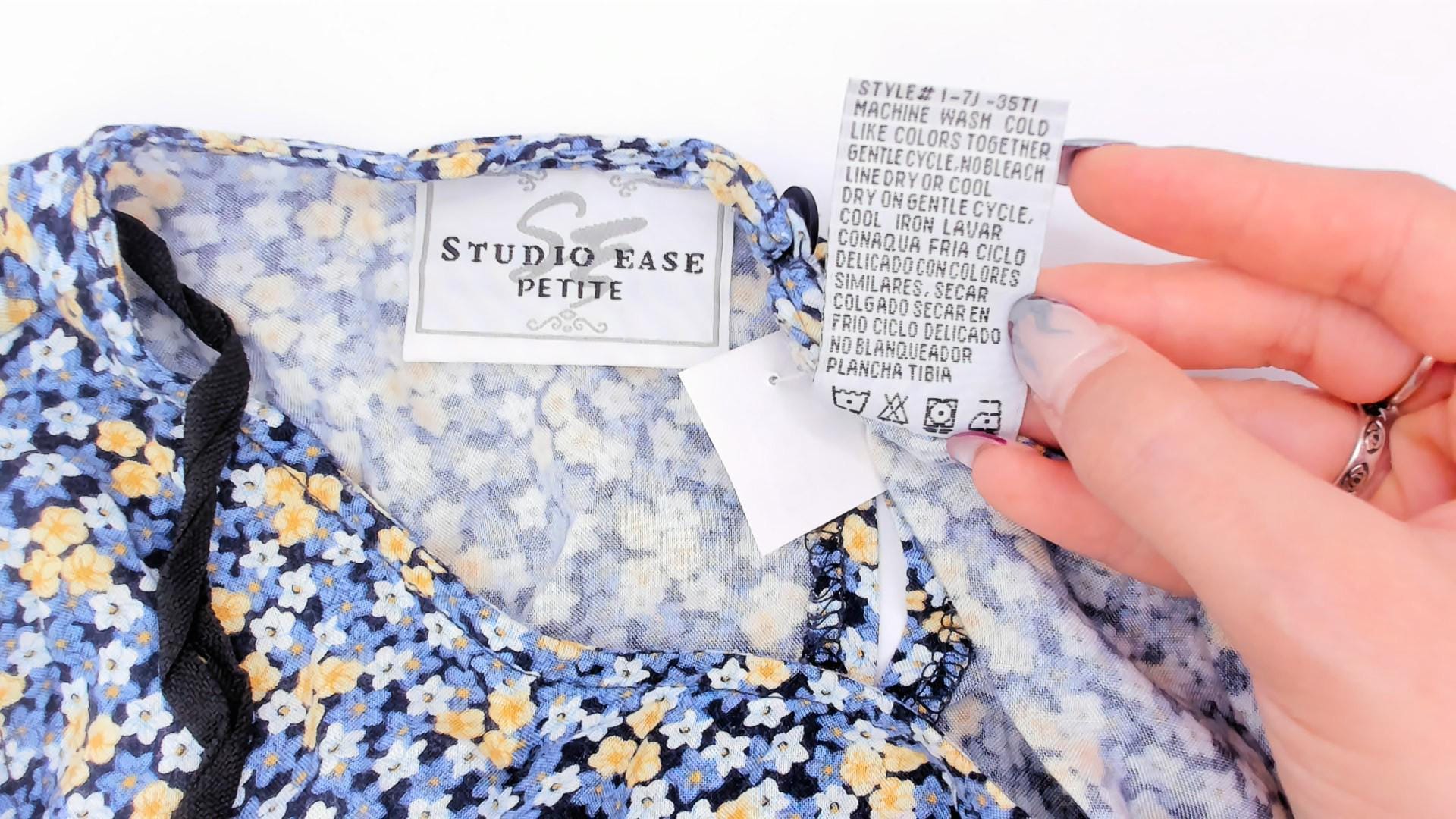 90s Studio Ease Ditsy Floral Midi Dress Navy Blue Yellow Sleeveless Petite Medium