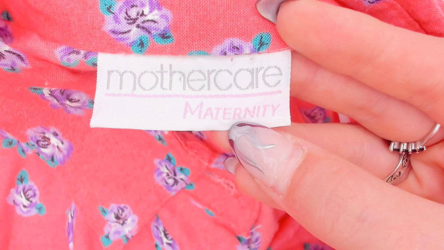 90s Mothercare Maternity Coral Rose Print Midi Dress Button Front Large L