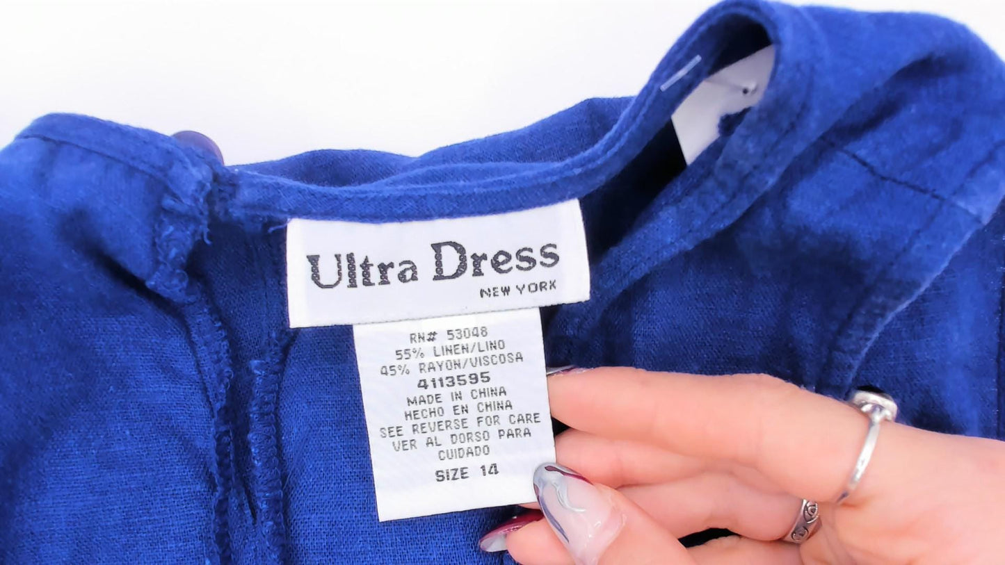 90s Ultra Dress Cobalt Linen Maxi Dress Angelfish Embroidered Medium Large
