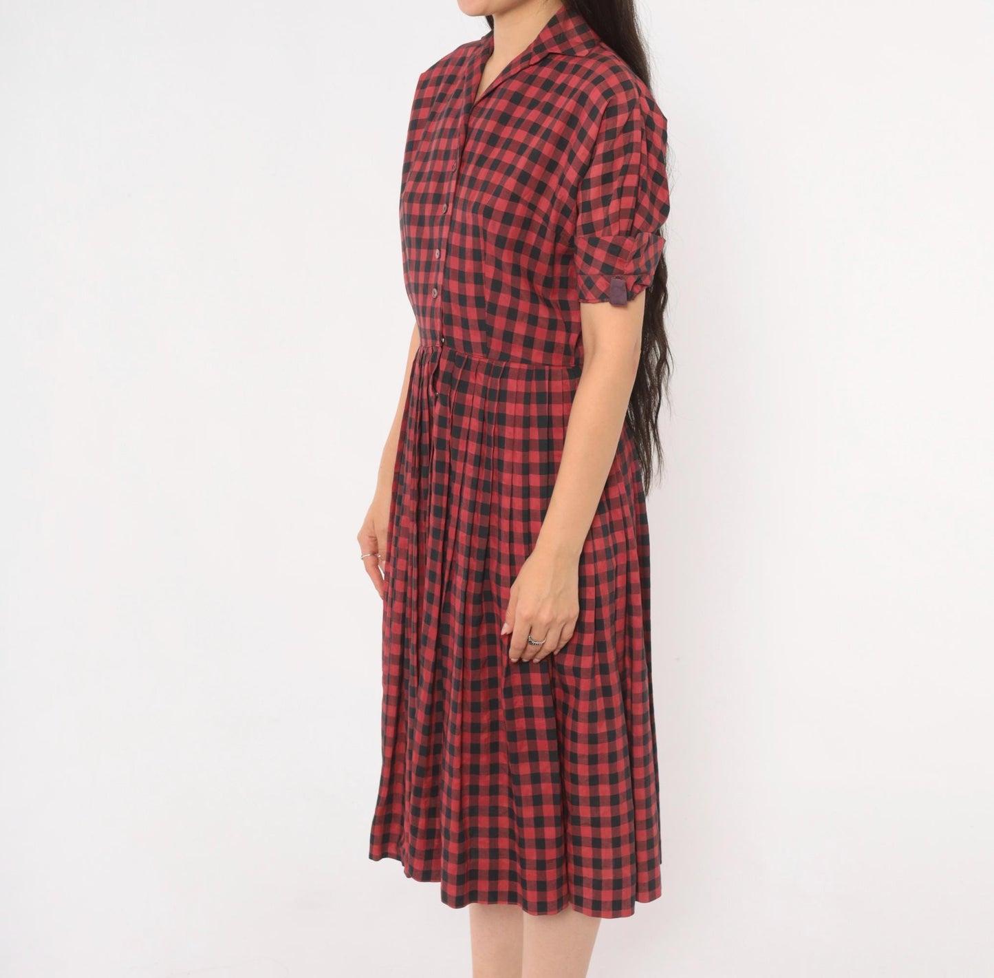 60s Meg Marlowe Buffalo Check Shirtdress Burgundy Black Plaid Cotton Small