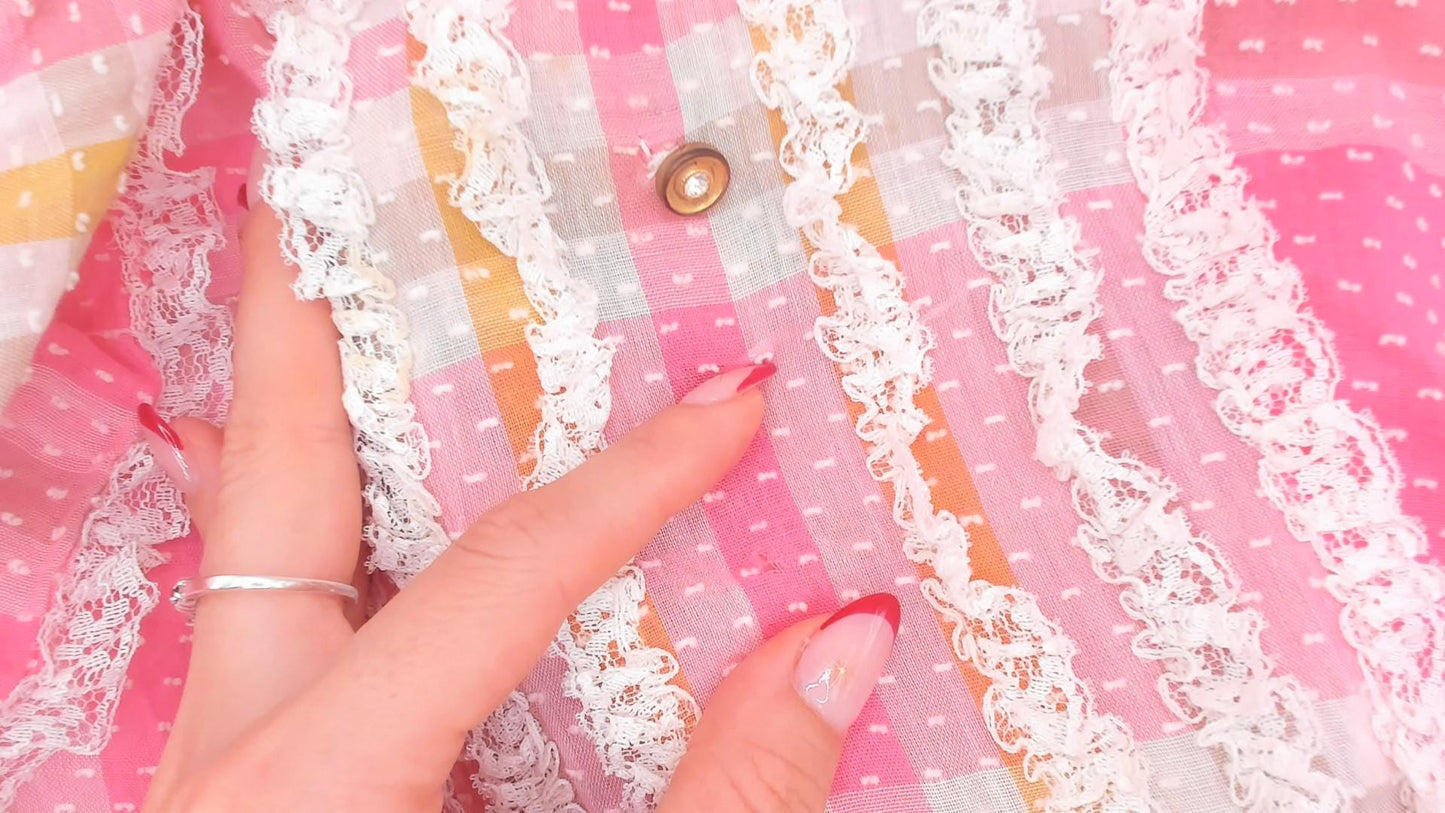 70s Pink Plaid Babydoll Dress Peter Pan Collar Lace Bib Mini XXS
