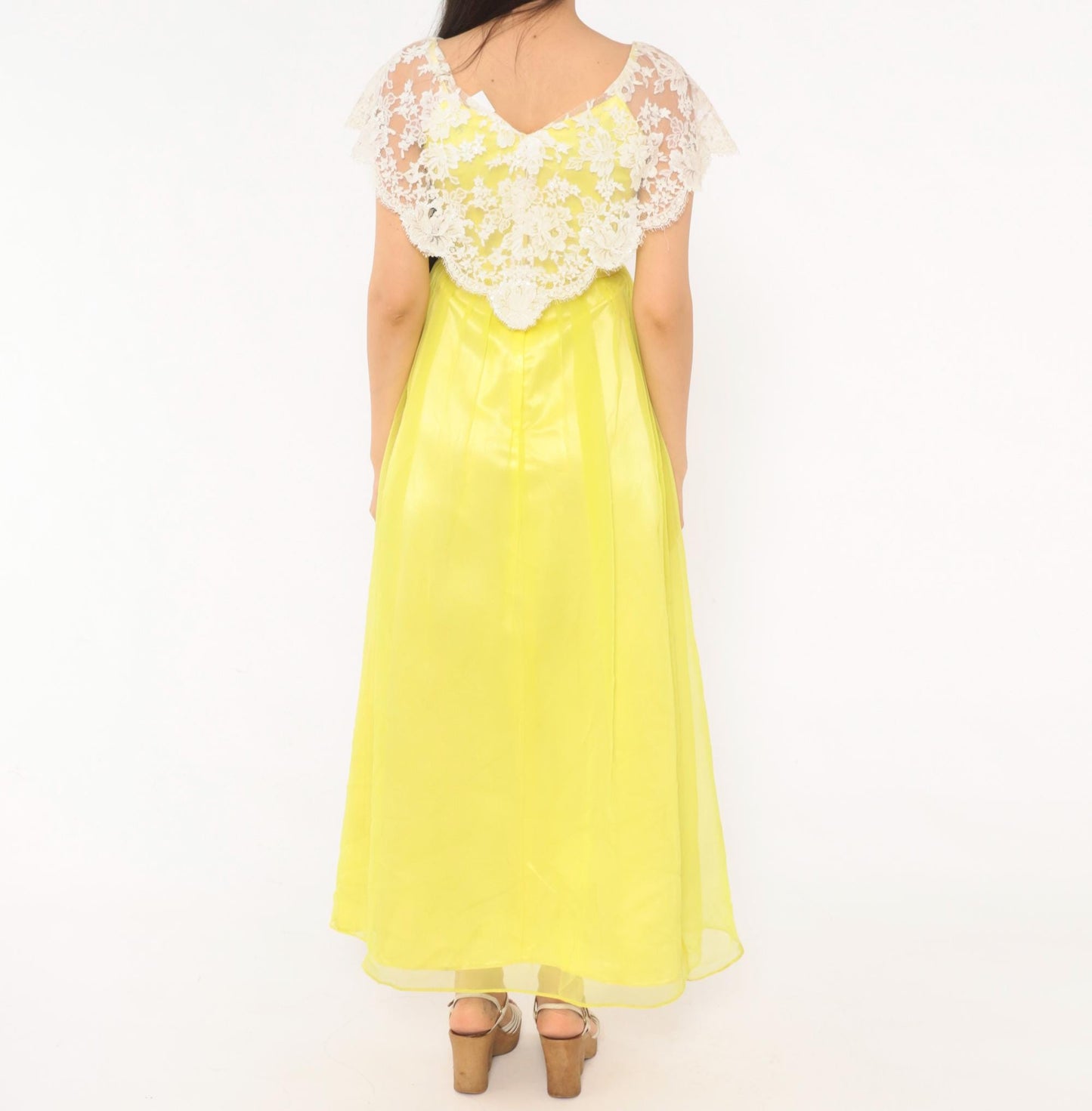70s Yellow Chiffon Maxi Dress White Lace Overlay Empire Waist V Neck Extra Small XS