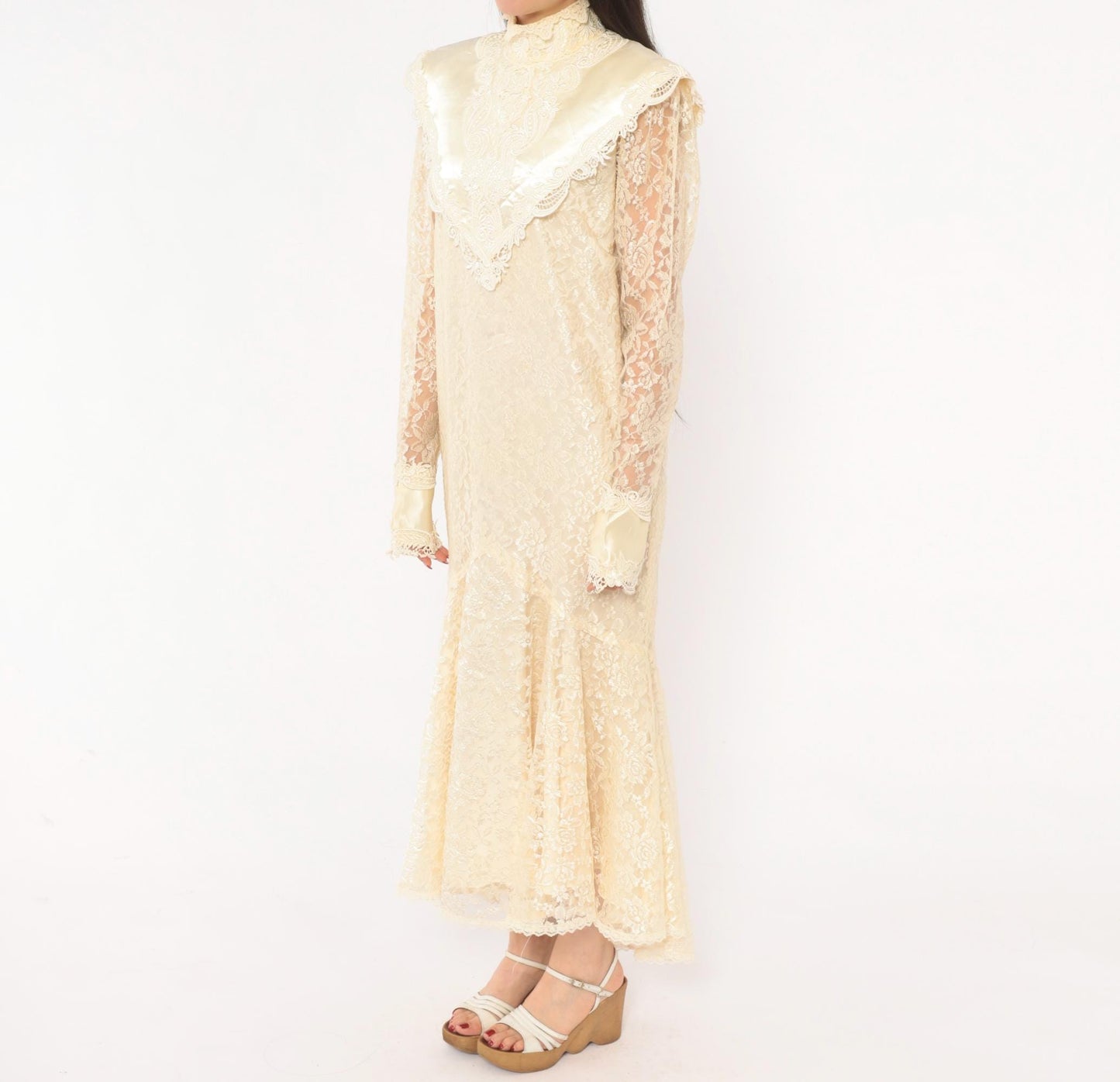 80s Jessica Mclintock Cream Lace Mermaid Wedding Dress High Neck Satin Bib Medium M