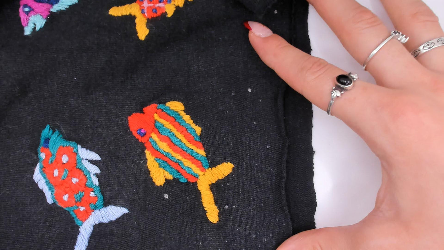 90s Las Manos Embroidered Fish Crop Top Black Cotton Rainbow Tropical Medium