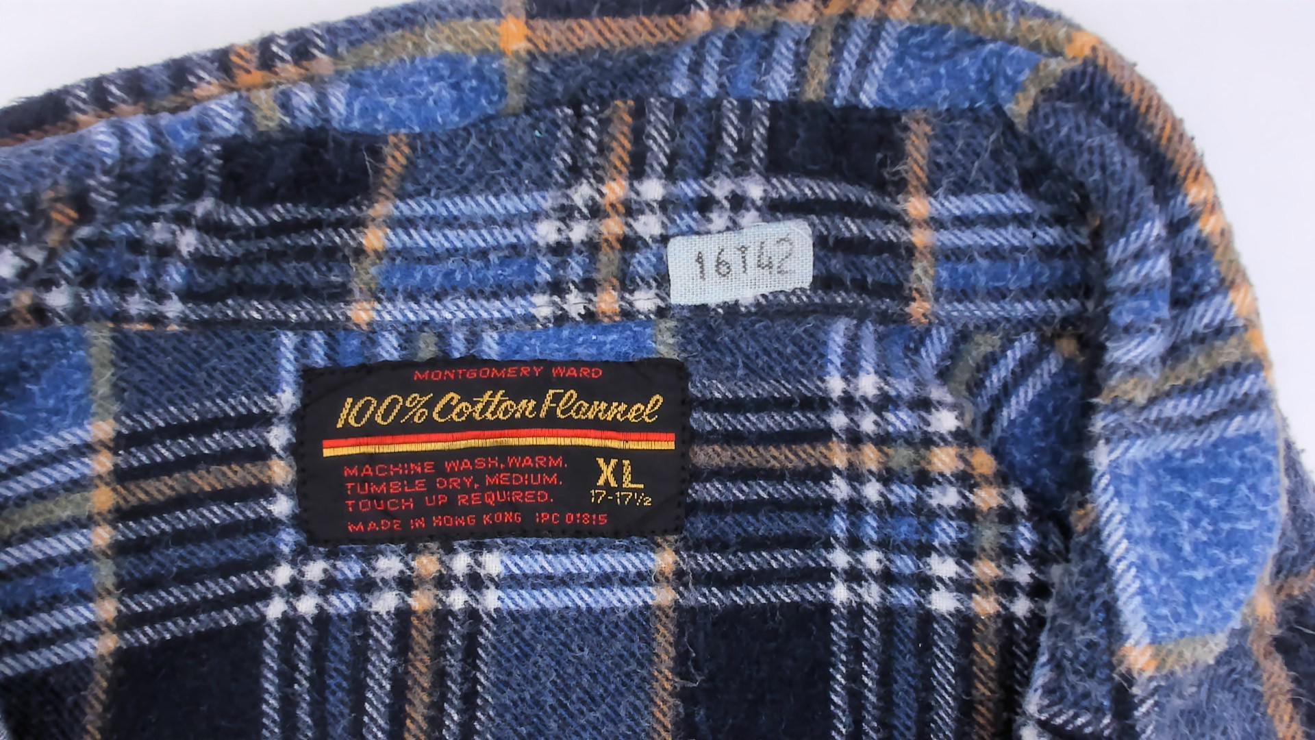 90s Montgomery Ward Flannel Shirt Blue Plaid Cotton Distressed Large L