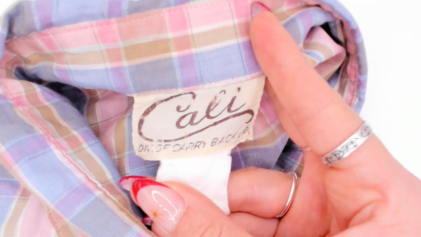 90s Cali Plaid Button Front Shirt Pink Periwinkle Cotton Plus Size 1X