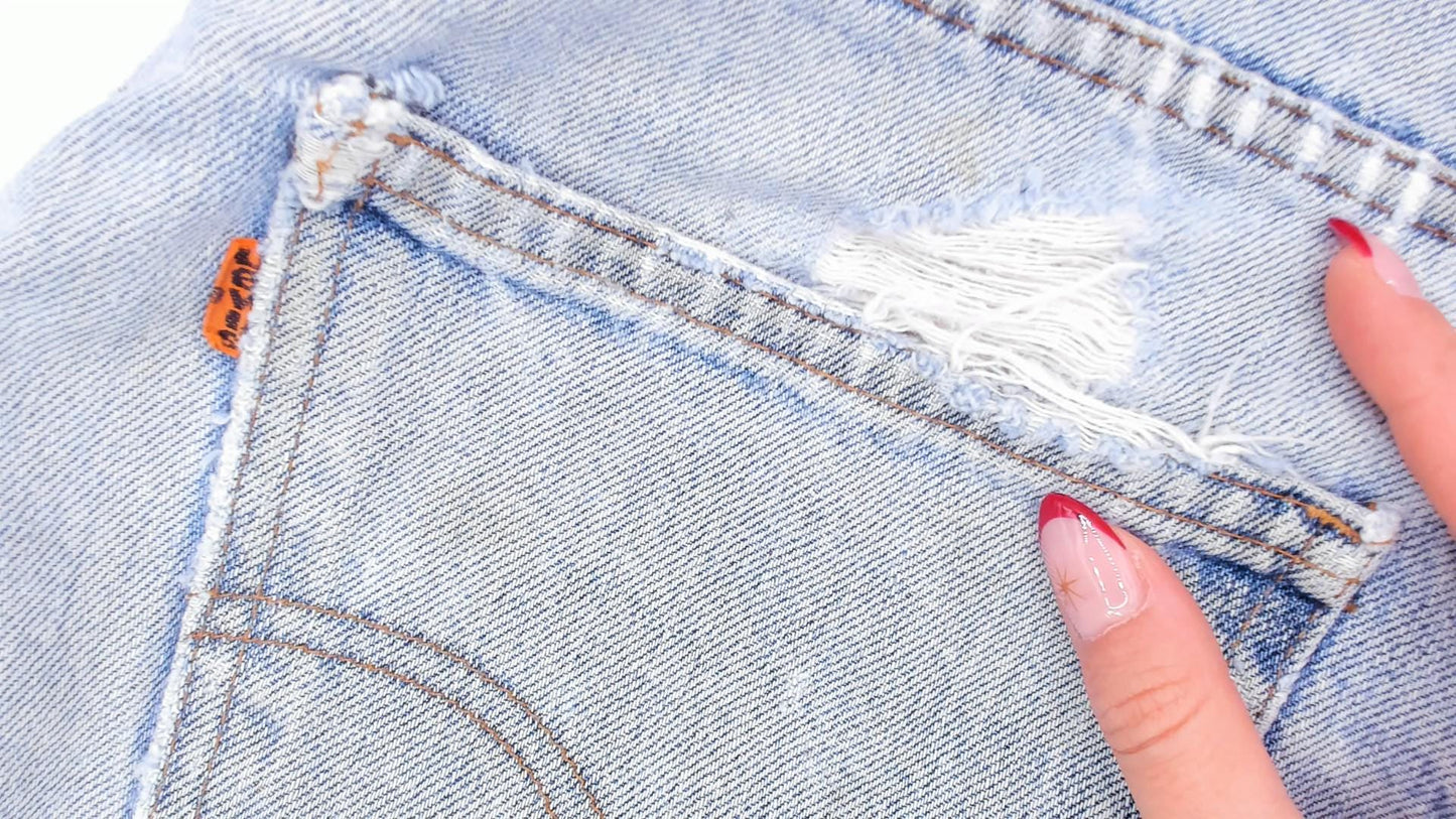 80s Levi's Cutoff Denim Shorts Light Wash High Rise Patched Distressed 32