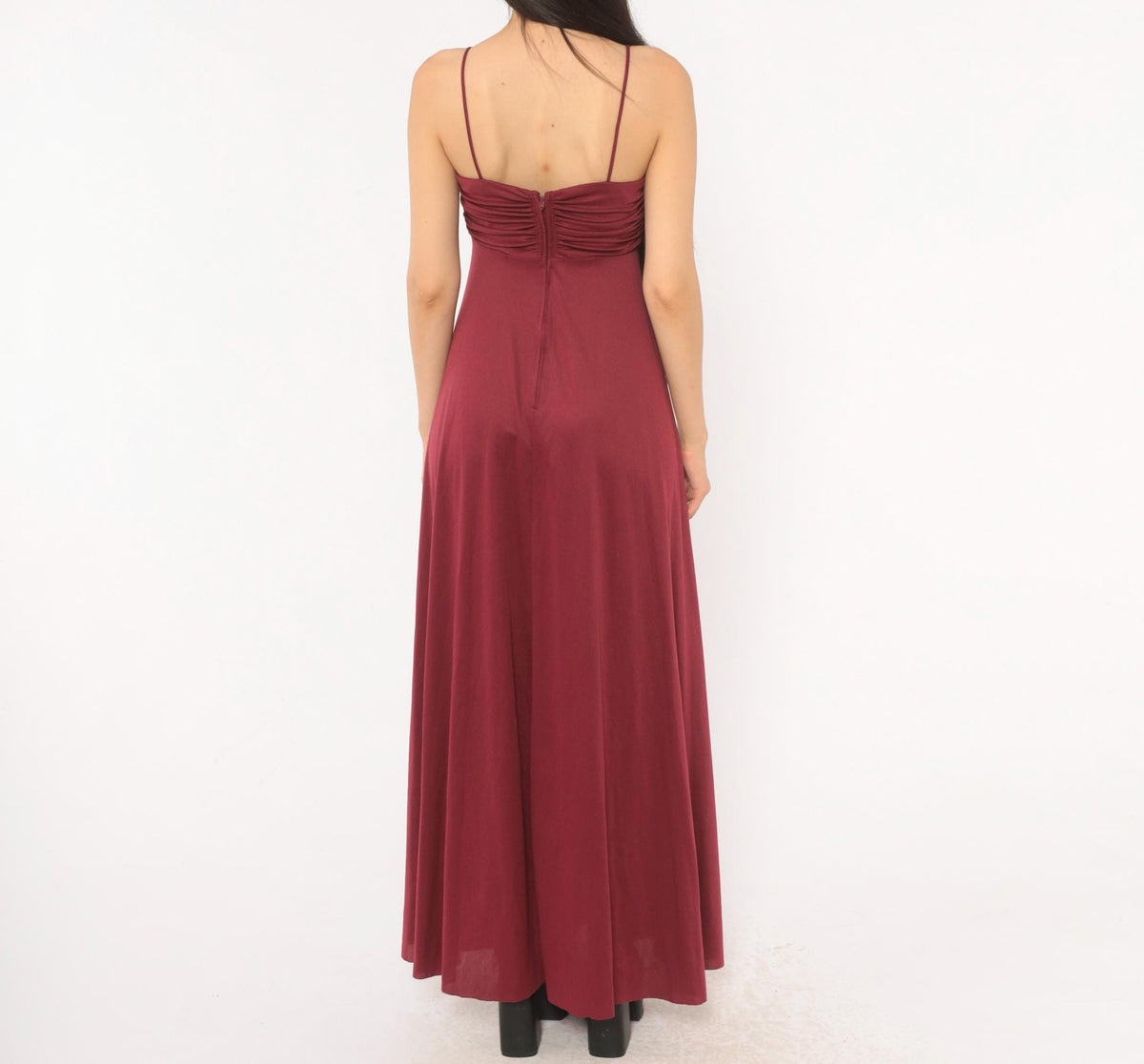 70s Burgundy Maxi Dress Sweetheart Neckline Empire Waist Spaghetti Strap Small