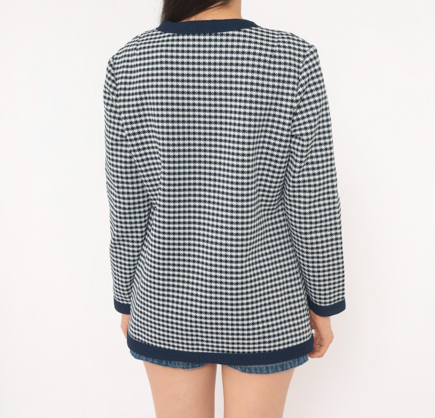 70s Jack Winter Houndstooth Cardigan Navy White Check Knit Medium M