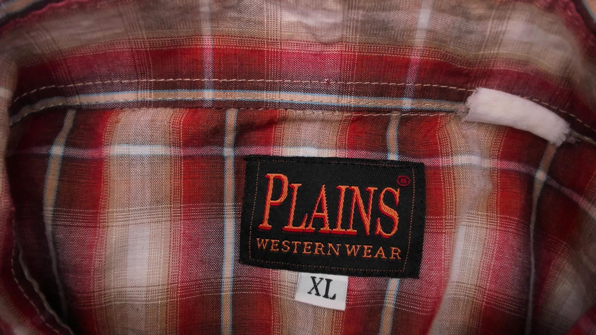 90s Plains Western Pearl Snap Shirt Burgundy Plaid Cotton Extra Large XL