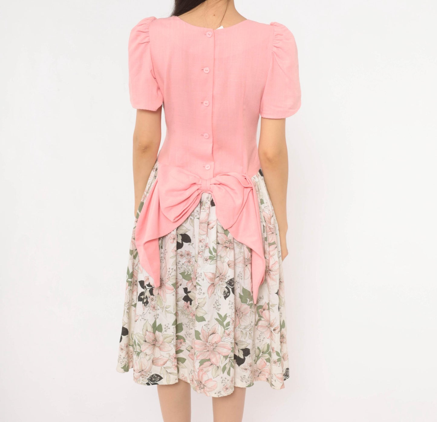 80s Pink Floral Puff Sleeve Dress Bow Back Drop Waist Cotton Small