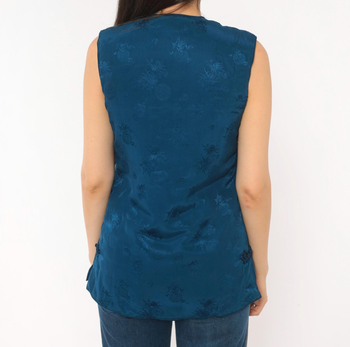 80s Teal Silk Cheongsam Vest Mandarin Frog Closure Floral Small