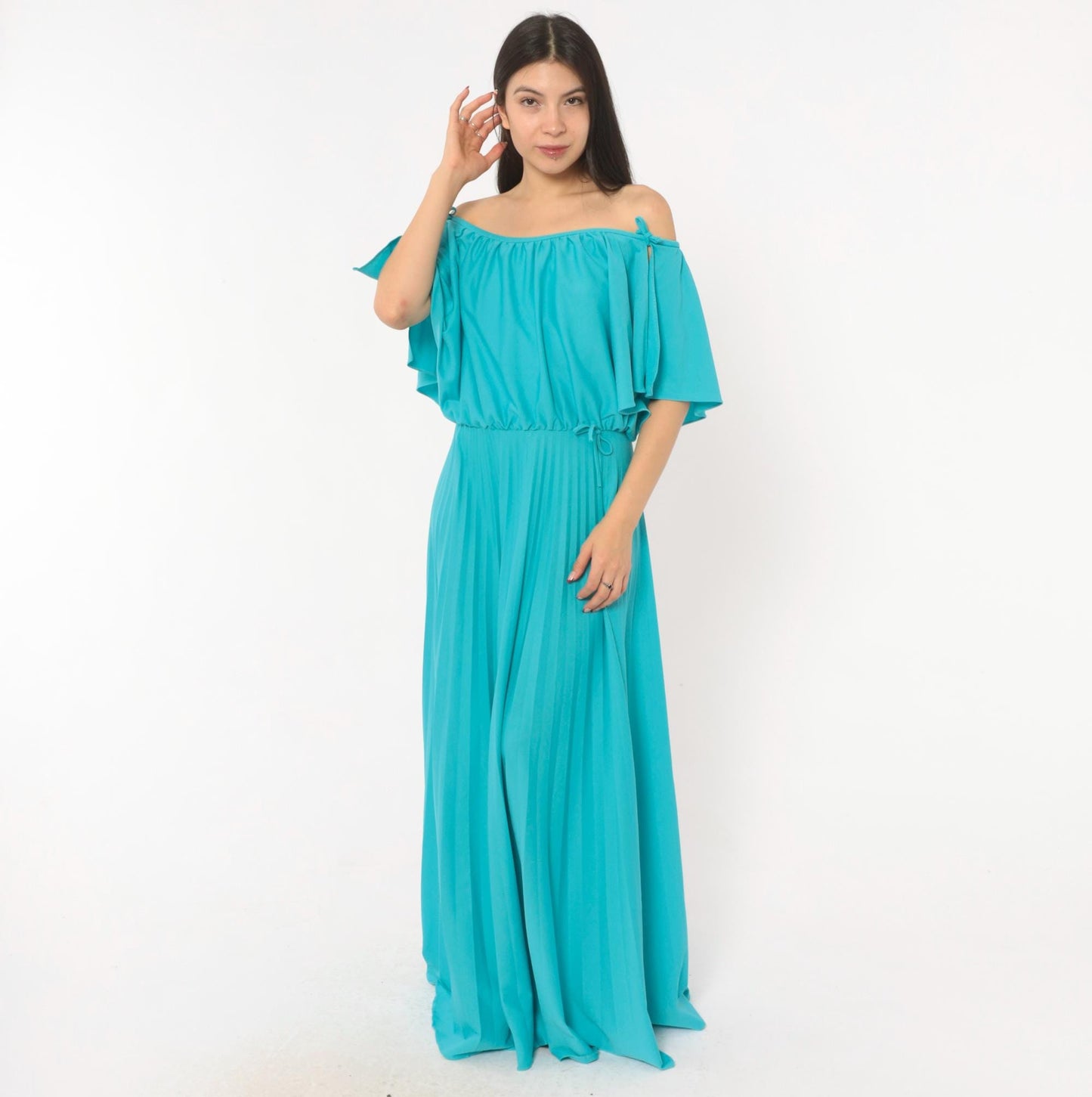 70s Turquoise Maxi Dress Cold Shoulder Flutter Sleeve Blouson Bodice Medium