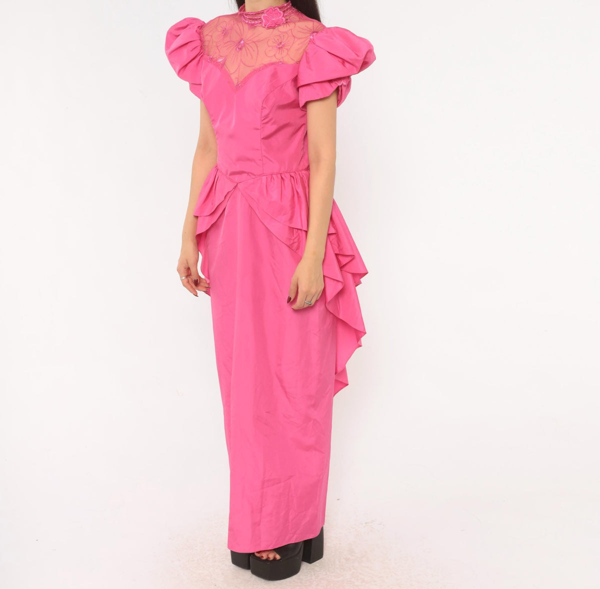 80s Eve Of Milady Hot Pink Maxi Gown Puff Sleeve Peplum Lace Bodice Small