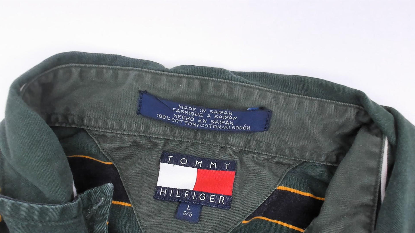 Tommy Hilfiger 90s Striped Cotton Shirt Forest Green Crest Logo Large L