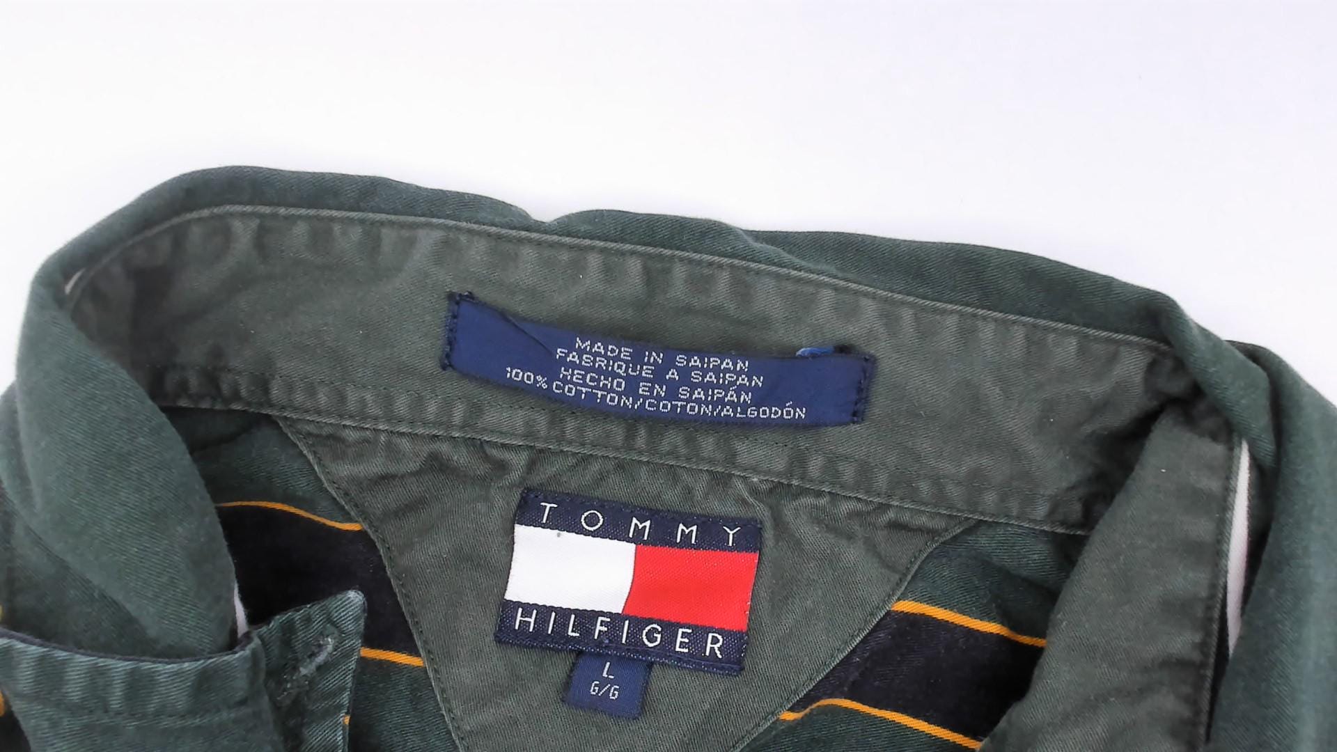 Tommy Hilfiger 90s Striped Cotton Shirt Forest Green Crest Logo Large L