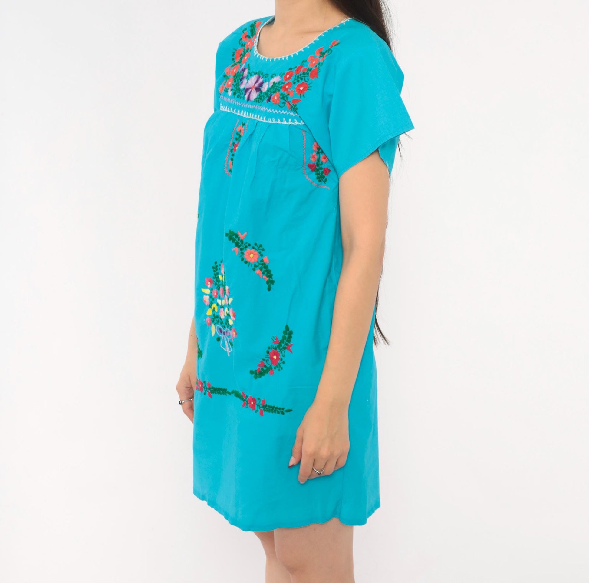1970s Mexican Puebla Embroidered Cotton Dress Turquoise Floral Mini Extra Small