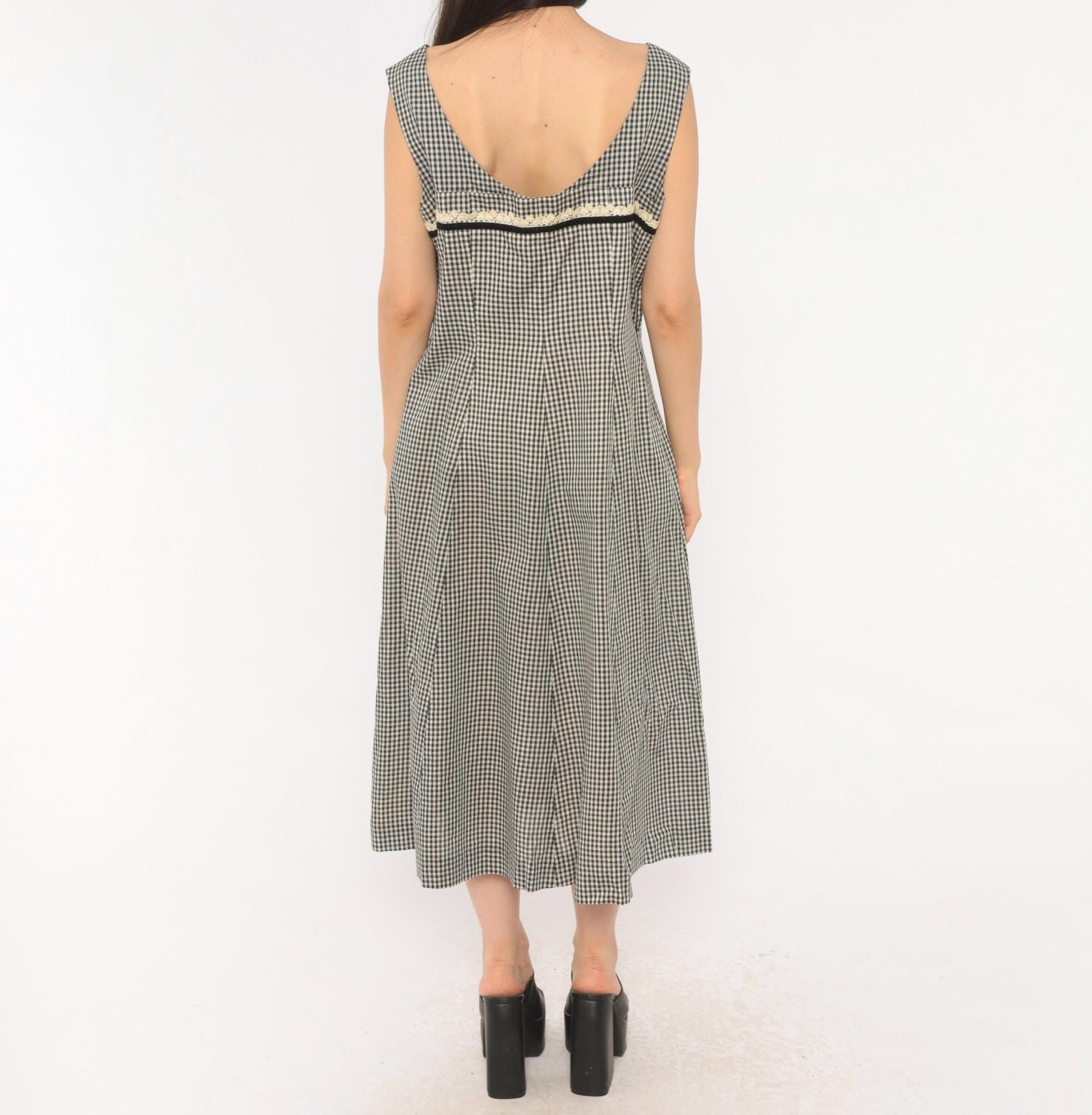 60s Black White Gingham Midi Dress Empire Waist Lace Trim Cotton Large L