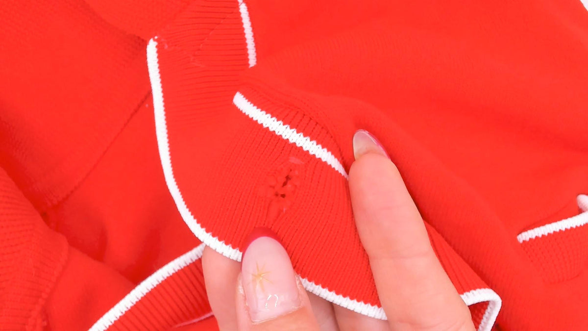 70s Red Cropped Polo White Piping Knit Top Button Front Medium M