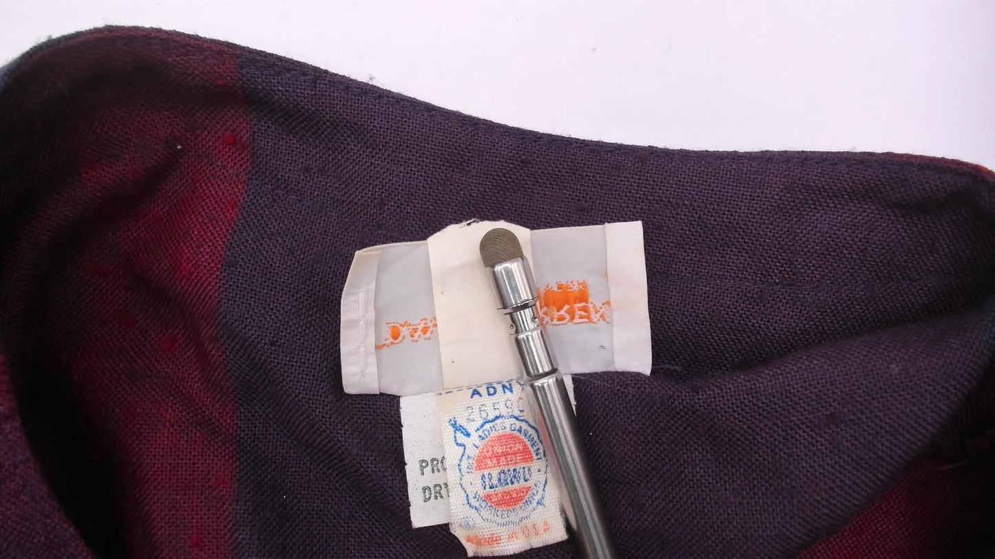 80s David Warren Plaid Midi Dress Purple Burgundy Puff Sleeve Cotton Large L