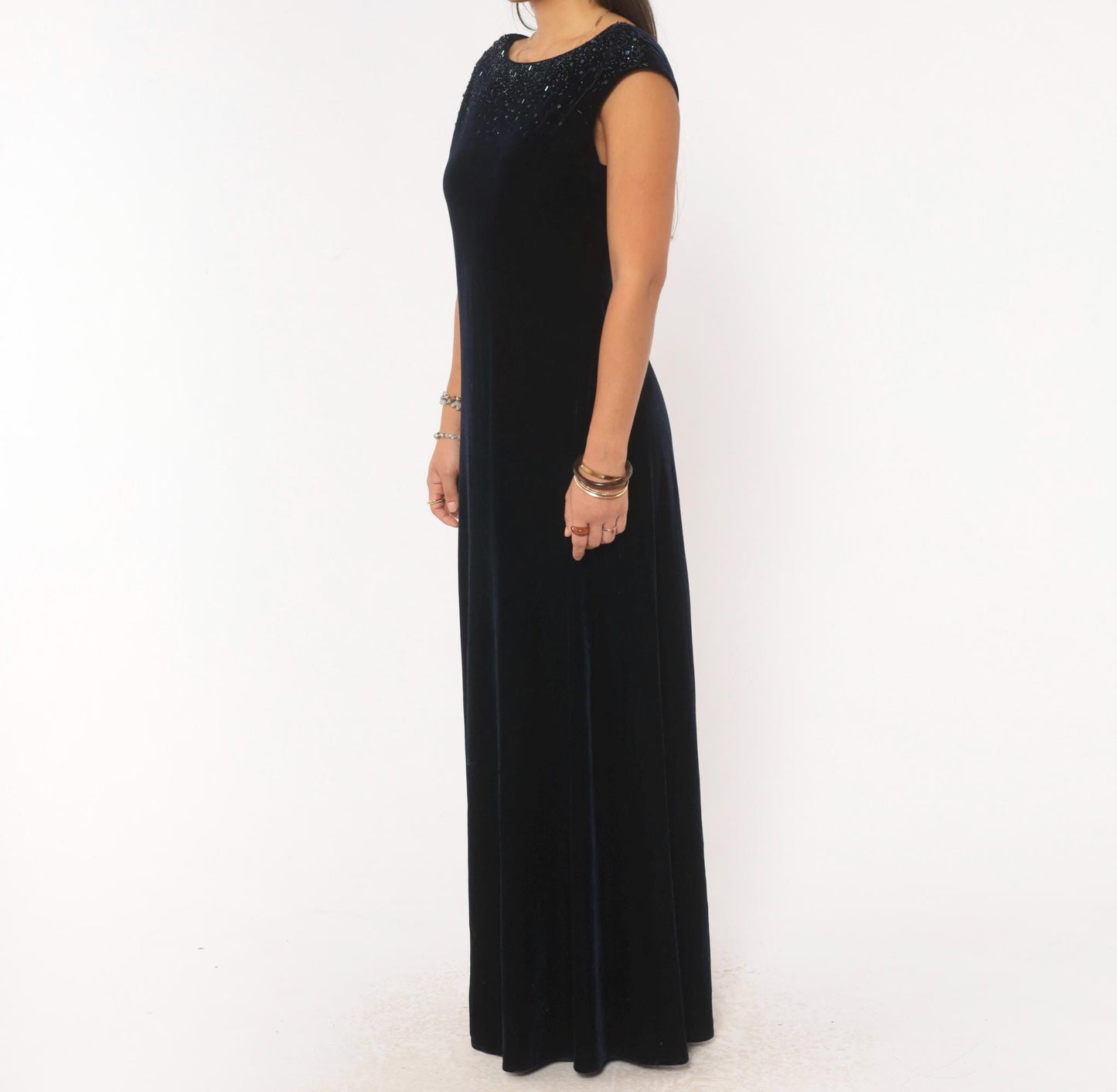 90s J. R. Nites Navy Velvet Gown Beaded Sequin Cap Sleeve Boat Neck Medium
