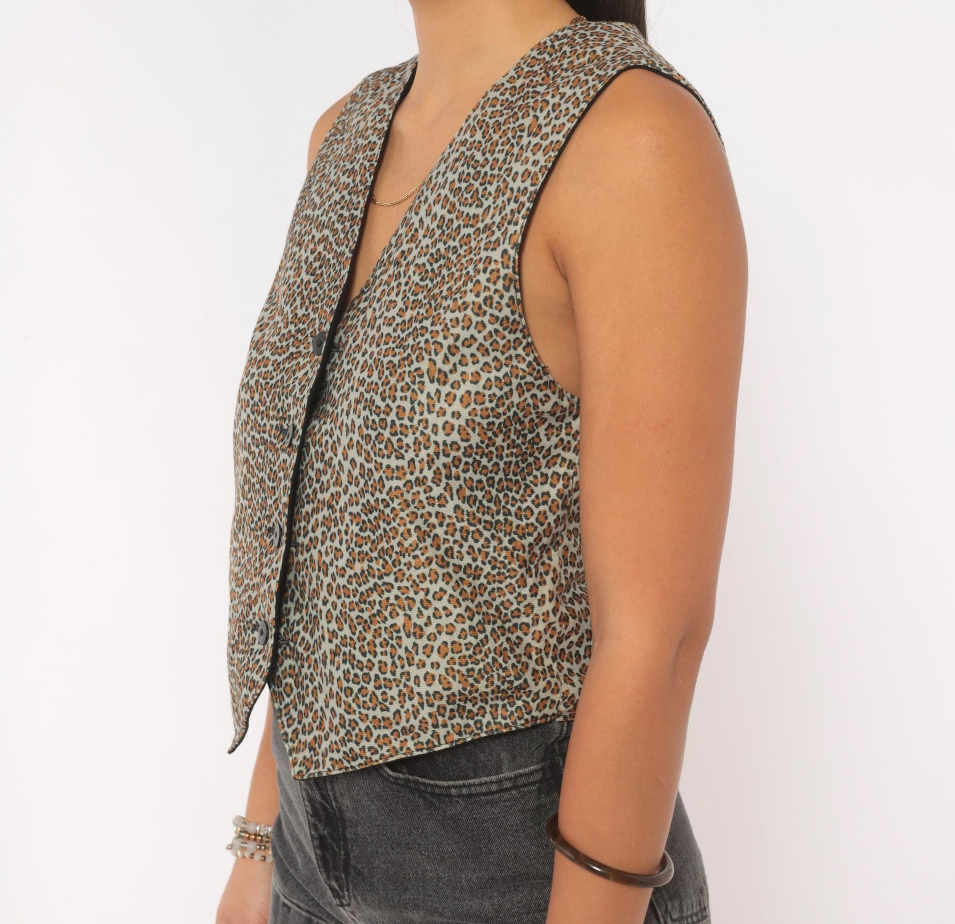 90s Reversible Leopard Cheetah Vest Black Tan Button Front V Neck Extra Small XS