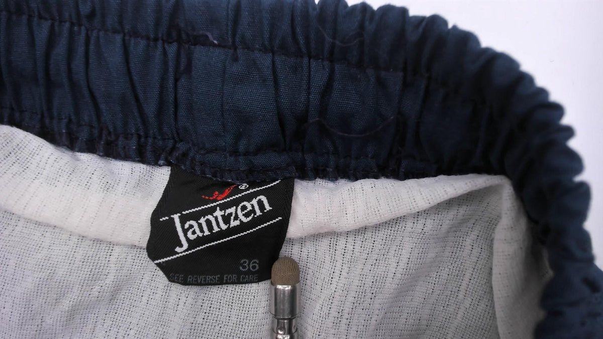 80s Jantzen Navy Running Shorts Cream Piping Dolphin Hem Cotton Medium