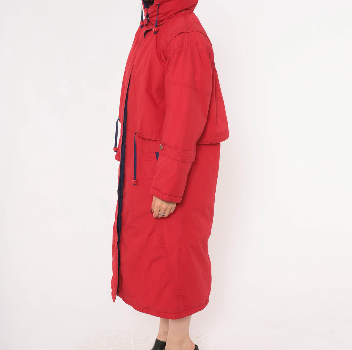 80s Red Duck Down Parka Long Hooded Coat Navy Trim Small S